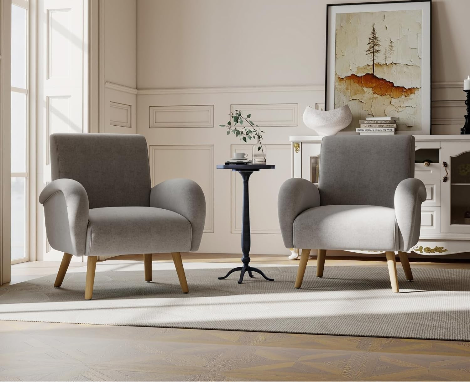 Grey Chenille Accent Tub Chair Wooden Legs Modern Armchair