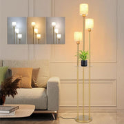 Modern 3-Light LED Floor Lamp with Shelves, Fabric Shade & Foot Switch