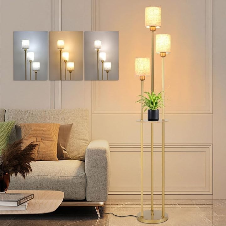 Modern 3-Light LED Floor Lamp with Shelves, Fabric Shade & Foot Switch