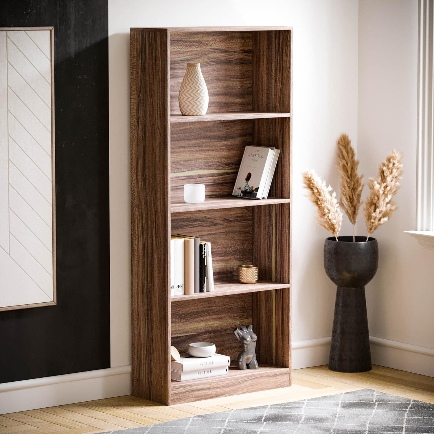 4 Tier Walnut Wooden Bookcase Modern Storage Display Shelf for Living Room