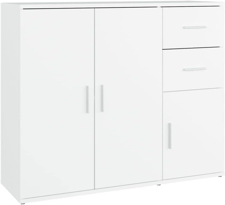 Modern White Engineered Wood Sideboard Storage Cabinet with Drawers & Doors