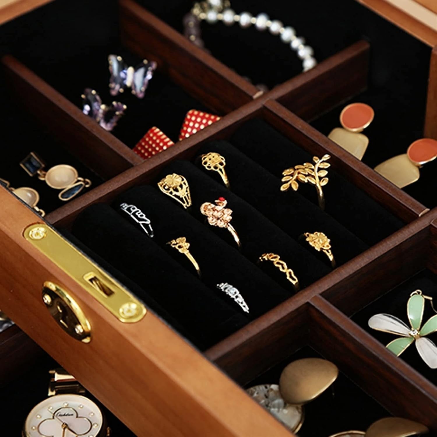 Extra Large Wooden Jewelry Box Combo Lock Velvet Organizer Cabinet