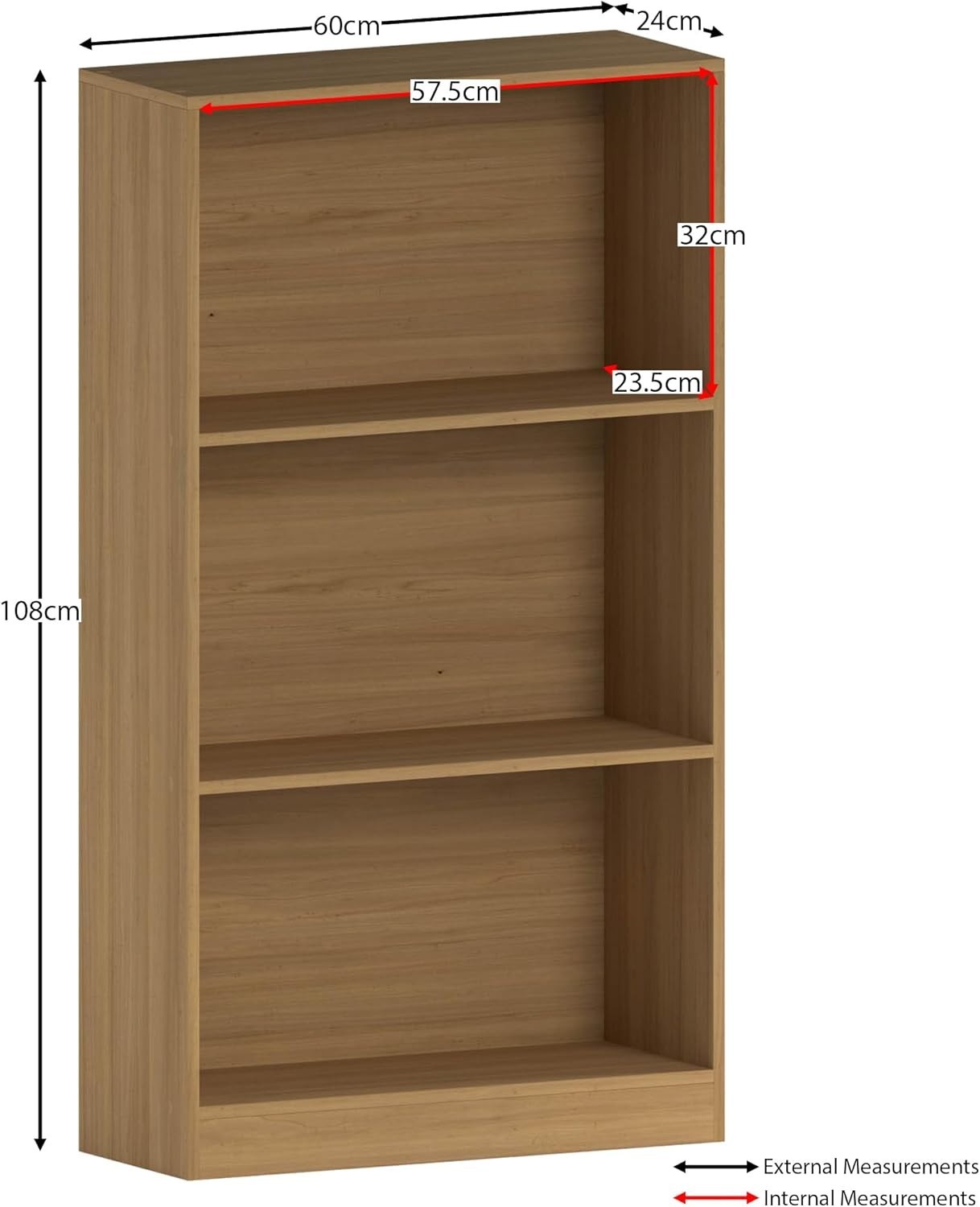 3 Tier Oak Wooden Bookcase Modern Storage Display Shelf for Living Room Medium