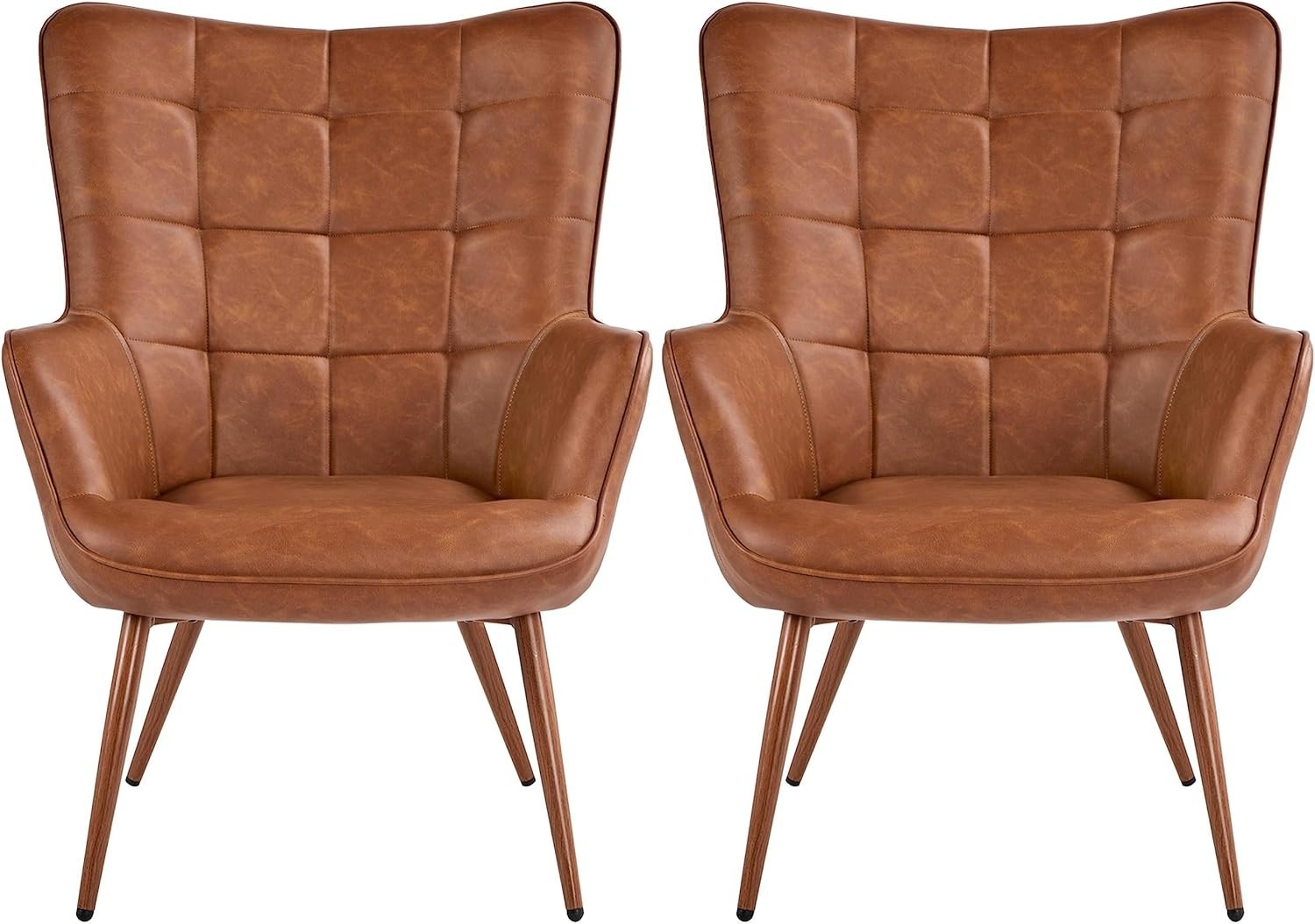 2x Faux Leather Wingback Armchairs High Back Retro Chairs for Living Room