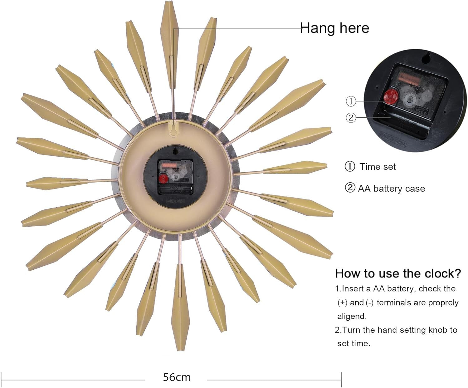 Large Metal Sunburst Wall Clock 56cm Modern Silent Decor Living Room Art