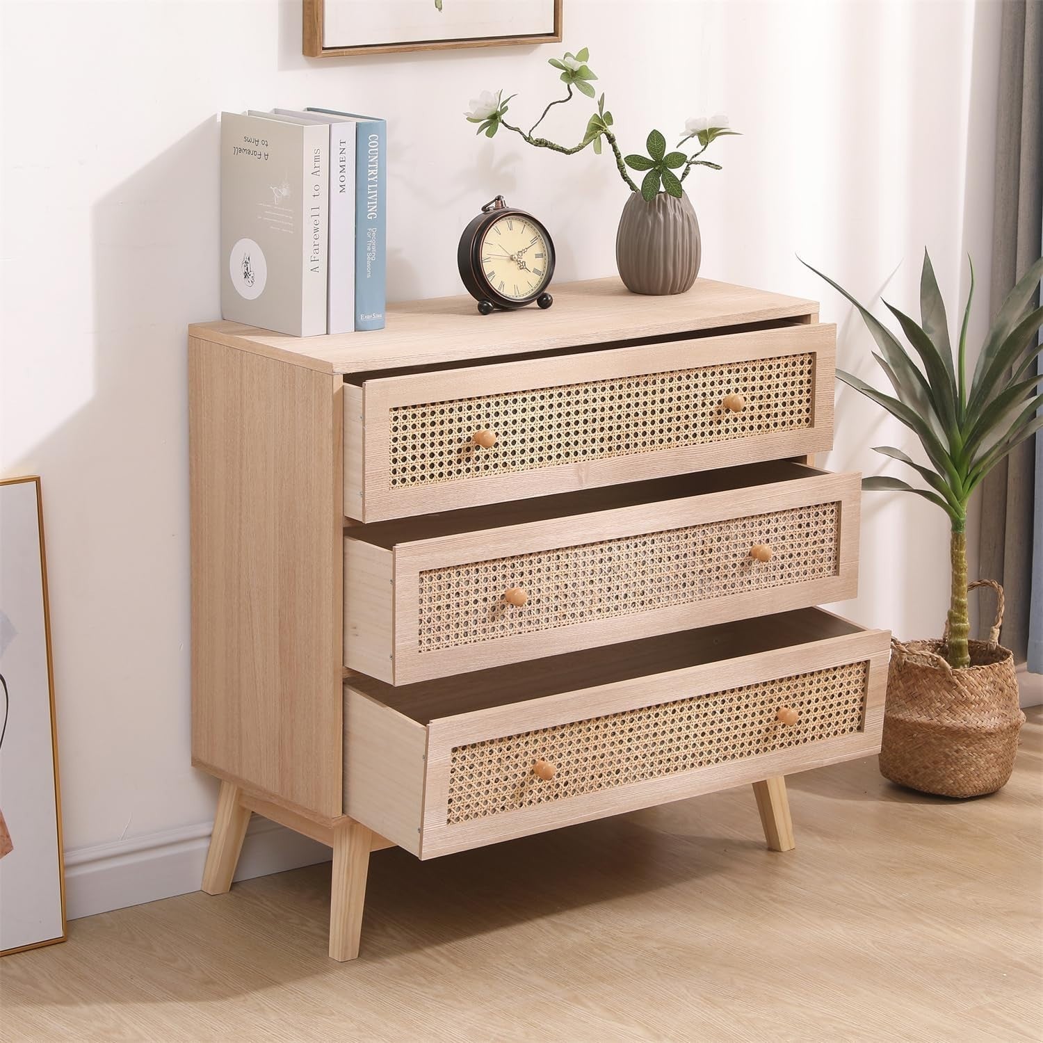 Natural Rattan 3 Drawer Chest Wood Dresser Sideboard Storage Cabinet 80cm