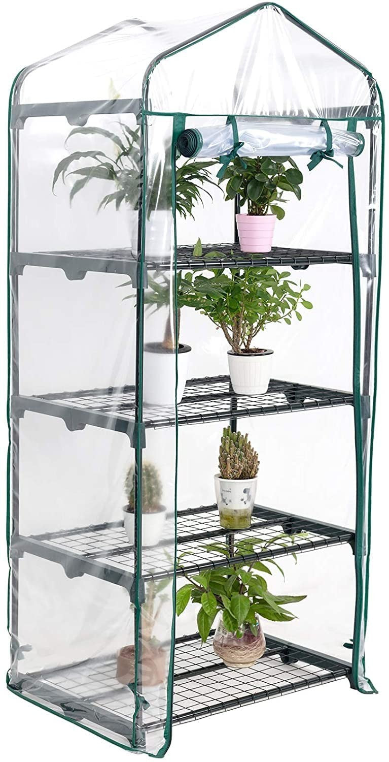 4-Tier Mini Greenhouse | Compact PVC Plant House | Roll-Up Zip Door | Iron Frame