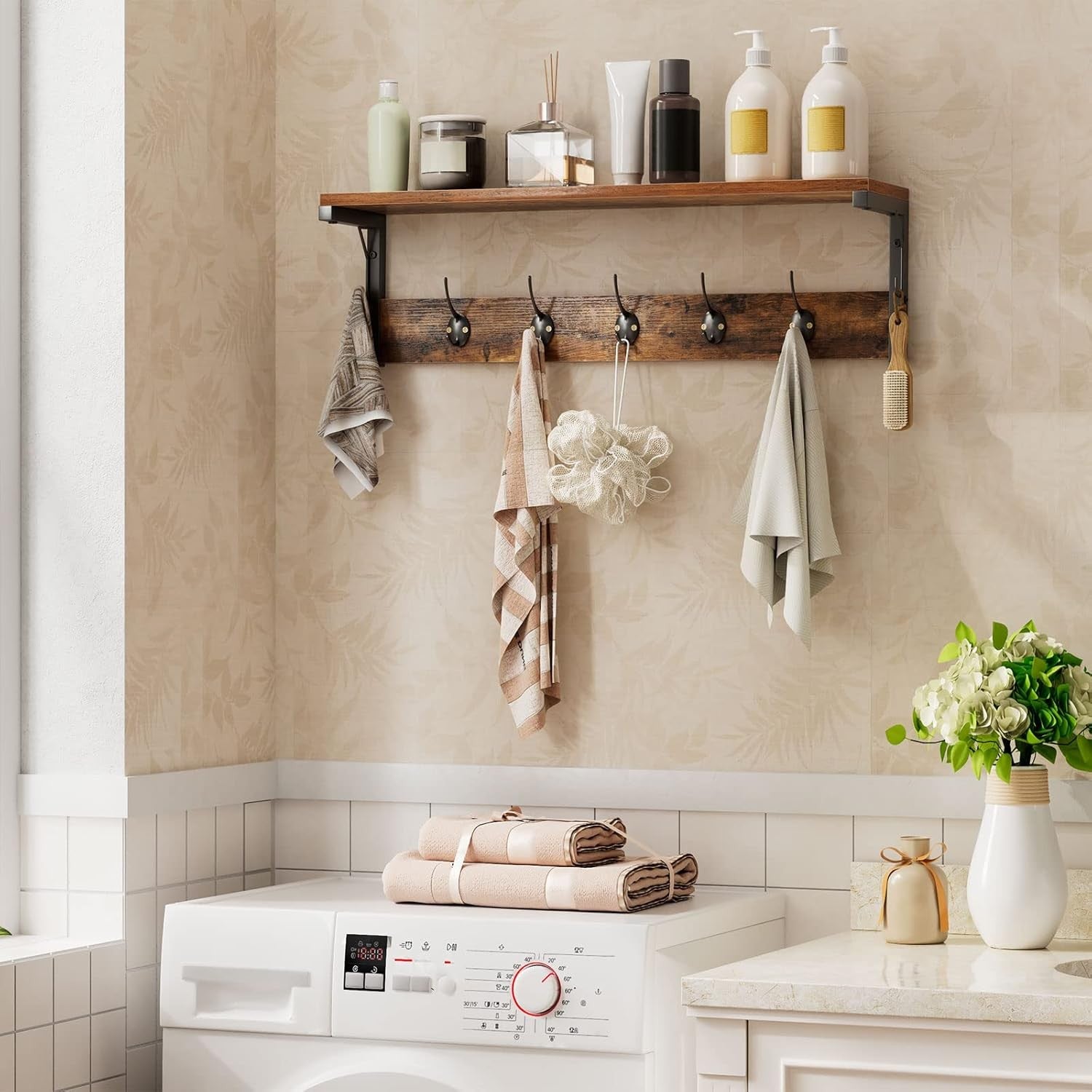 Rustic Wall Coat Rack with Shelf 7 Hooks 70cm Hallway Entryway Organizer
