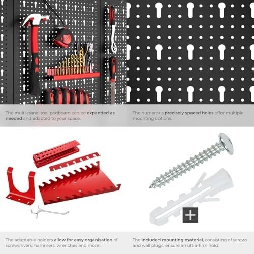Wall-Mount Pegboard Kit 4PCS Alloy Steel Red w/ Hooks & Holders 120x60cm