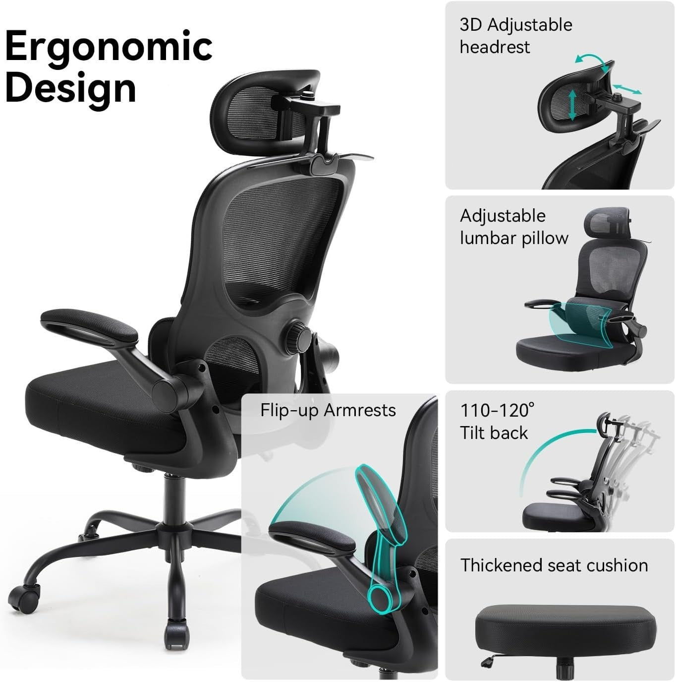 Ergonomic Office Chair Large Mesh Back Adjustable Lumbar Headrest 300lbs Black
