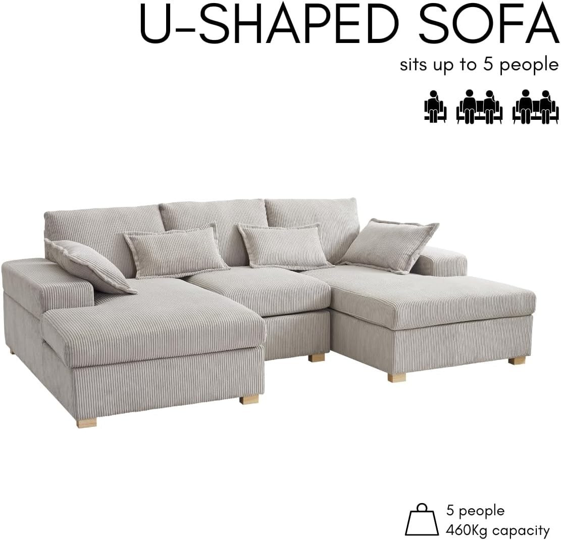 U-Shape Jumbo Cord Sofa Stone Grey 4-Seater | Deep Seat + Optional Footstool