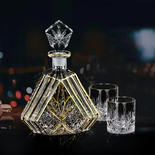 Gold Crystal Whiskey Decanter Set 600ml with 2 Glasses – Luxury Gift for Men