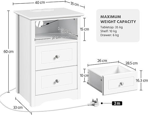 LED Bedside Tables Set of 2 with Charging Station, 2 USB Ports & Storage Drawers