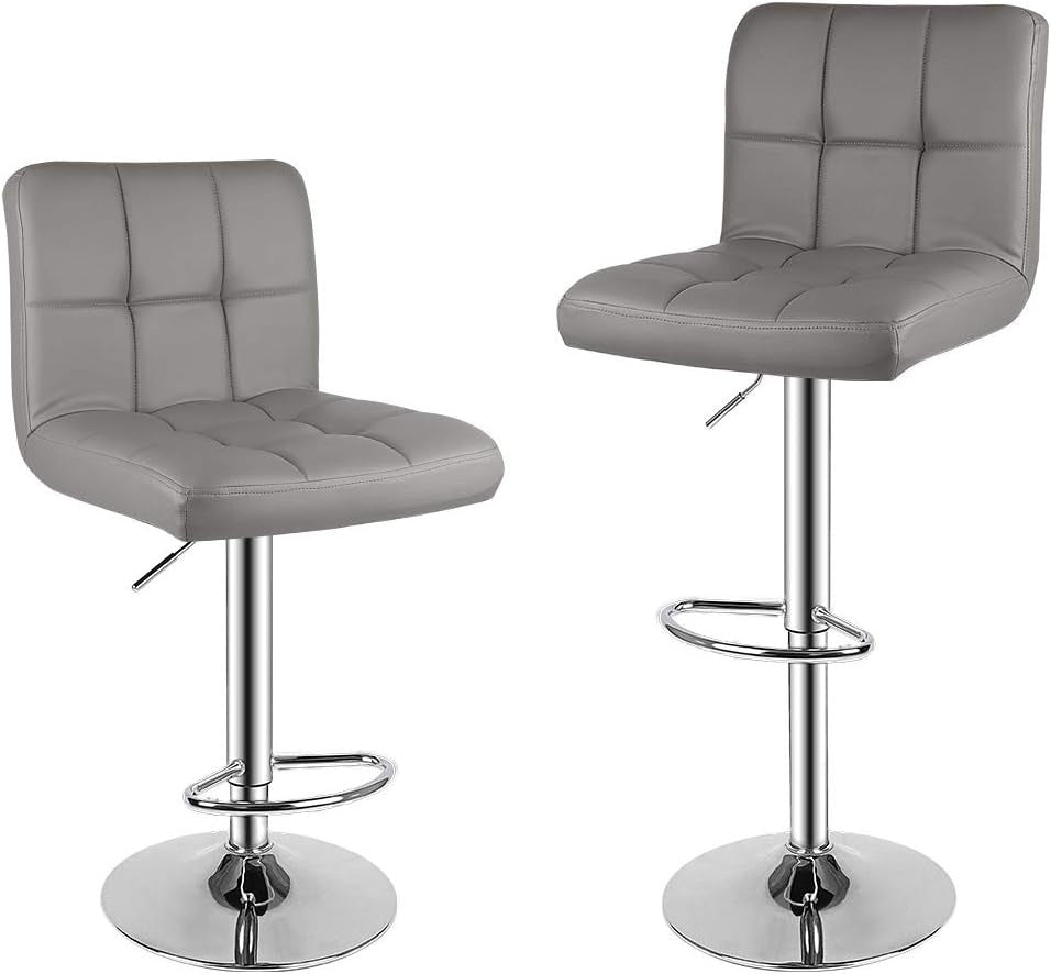 Adjustable Swivel Bar Stools Set of 2 Faux Leather Counter Chairs Grey