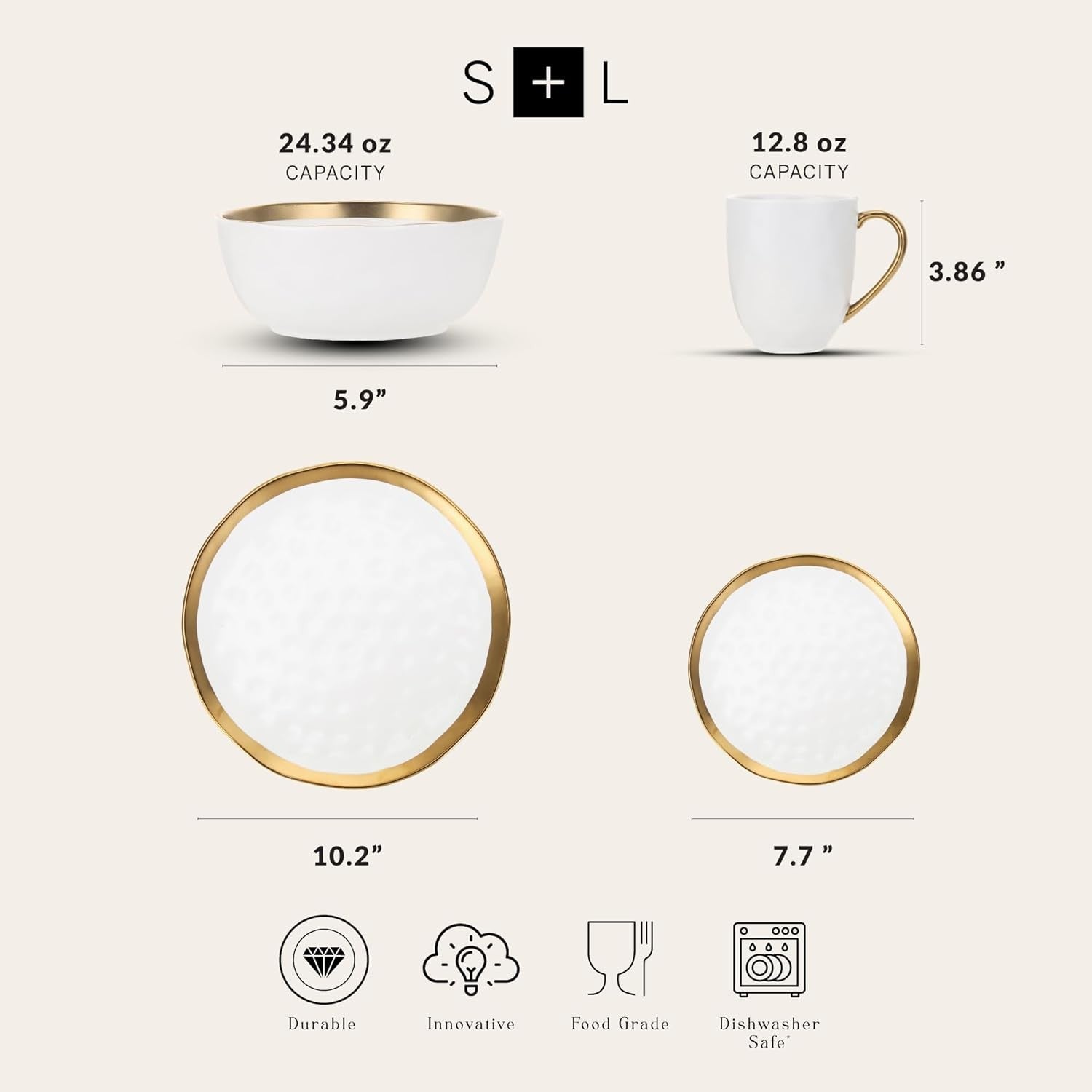 White Porcelain Dinnerware Set 32 Piece Service for 8 Gold Rim Plates