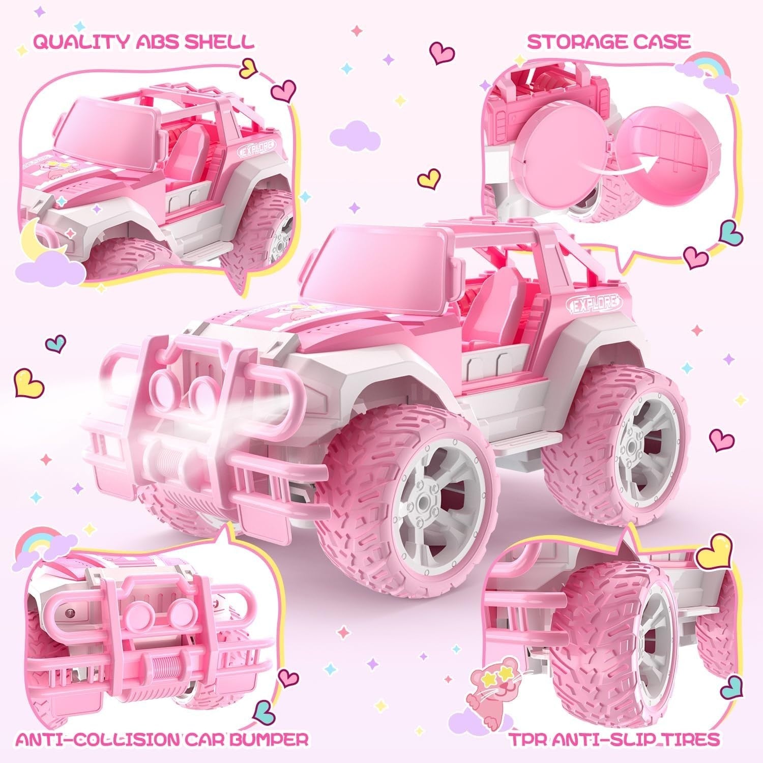Pink RC Jeep Car for Girls 3 4 5 6 7 8+, 1:18 Remote Control Truck w/ LED Lights