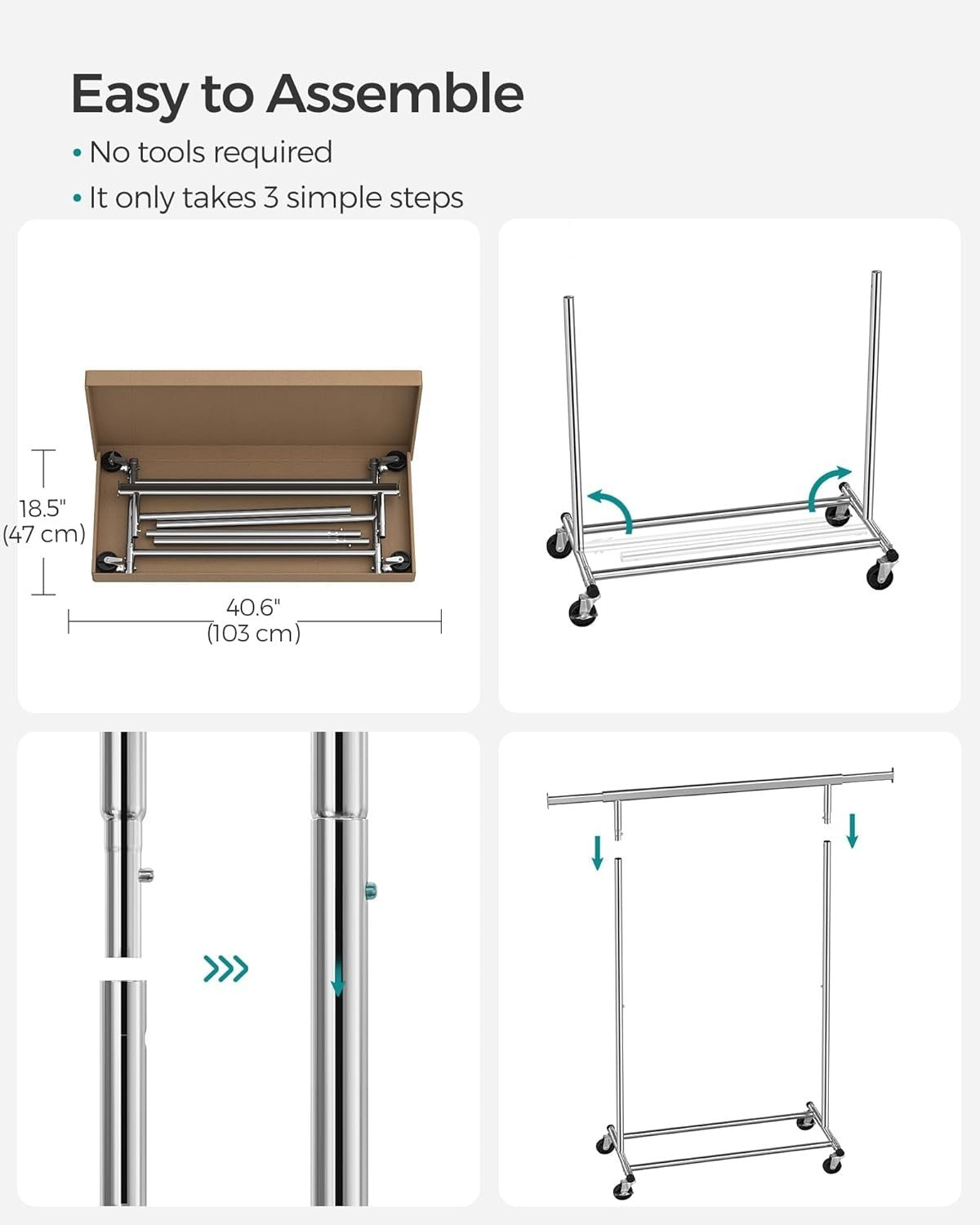 Heavy Duty Clothes Rack 100KG Extendable Rail Silver Wheels