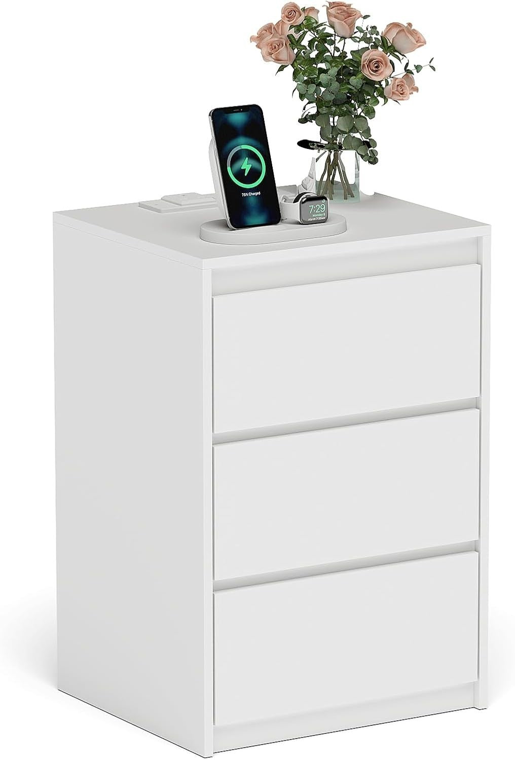White Bedside Table with 3 Drawers & Power Station, Modern Wooden Nightstand