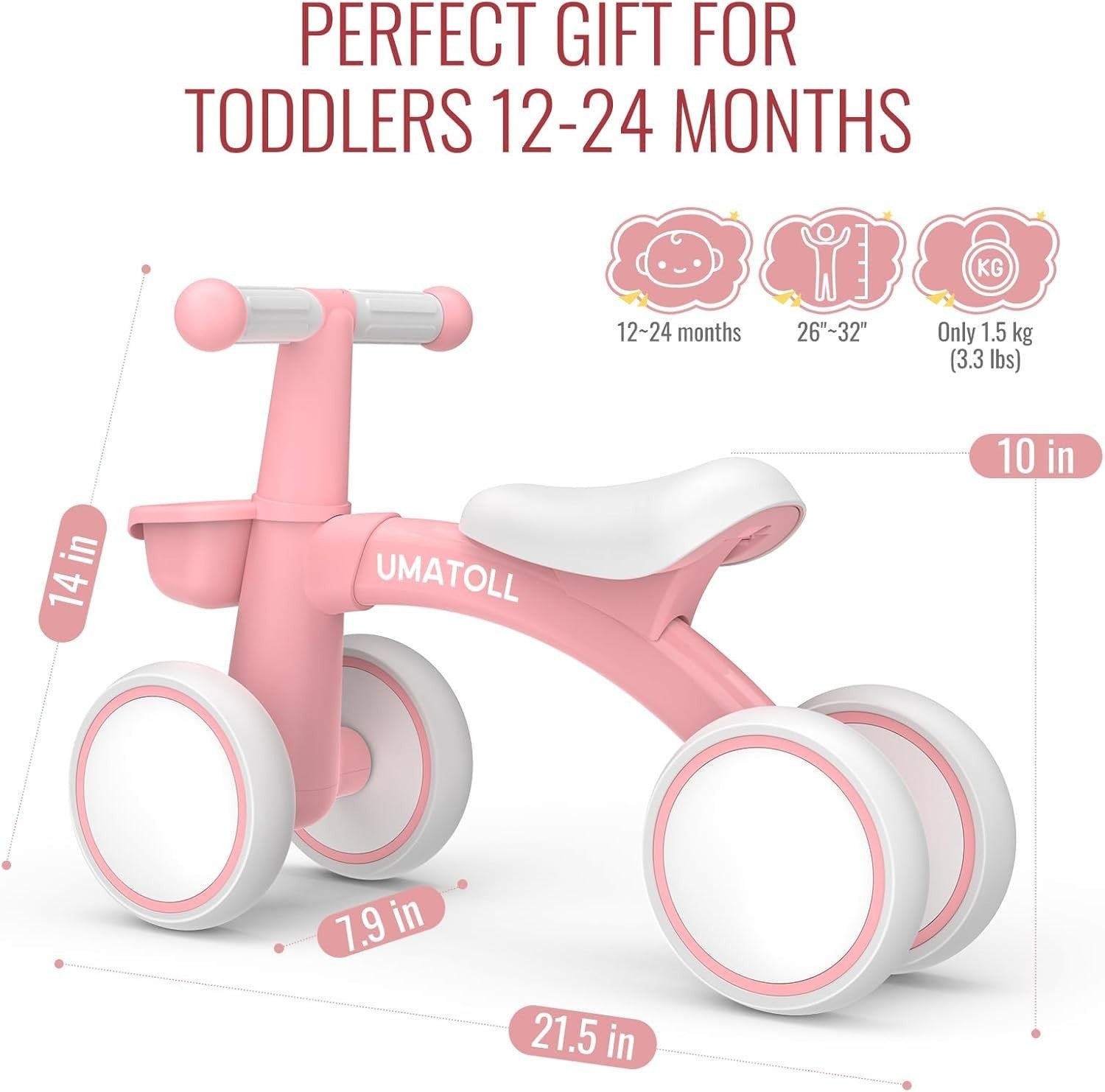 Toddler Balance Bike 12-24 Months Adjustable Seat 4 Wheel Pink