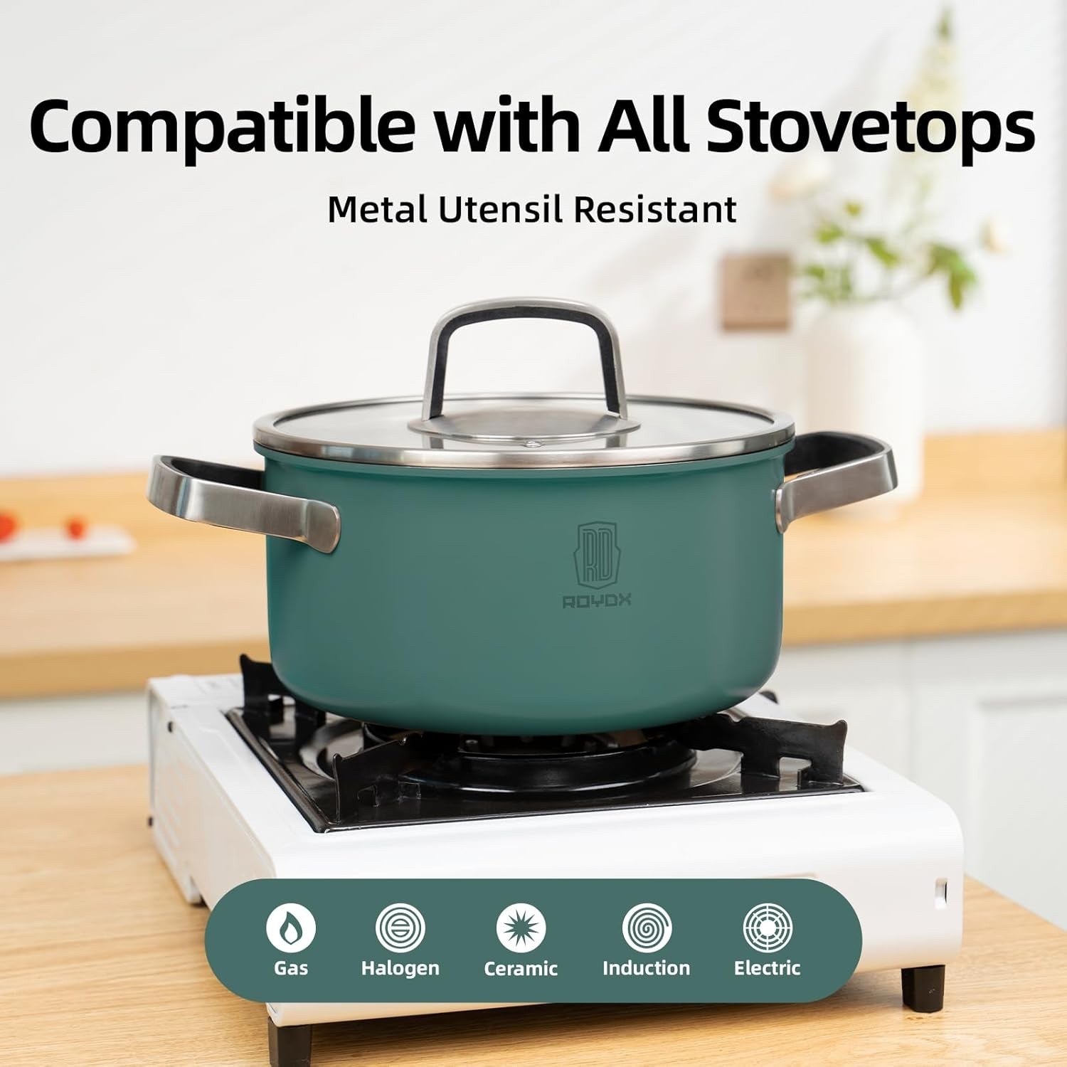 6Pcs Moss Green Stainless Steel Cookware Pot Set with Glass Lids Induction Safe