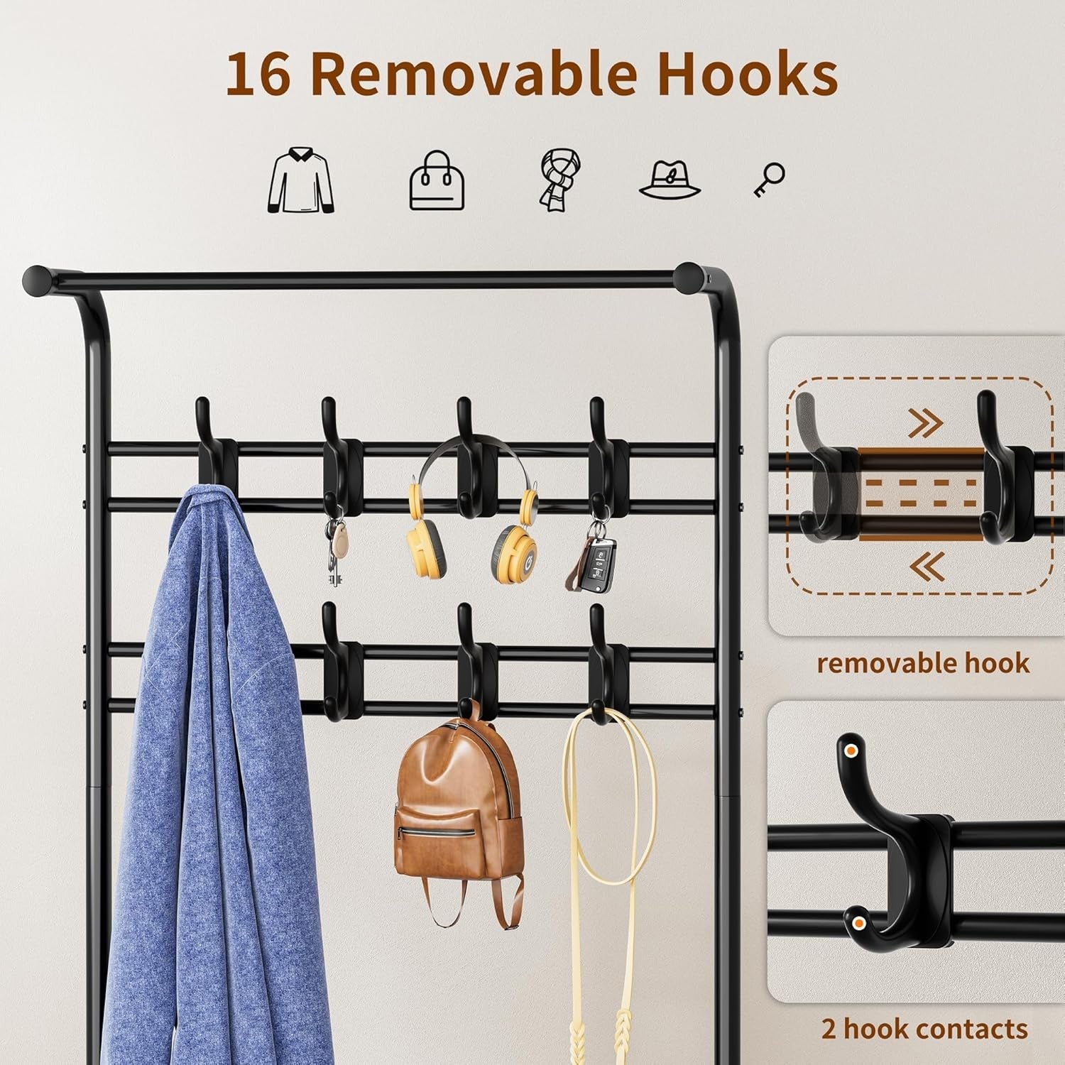 Coat Rack with Shoe Bench 4-in-1 Hall Tree 182cm Black Metal Frame Storage