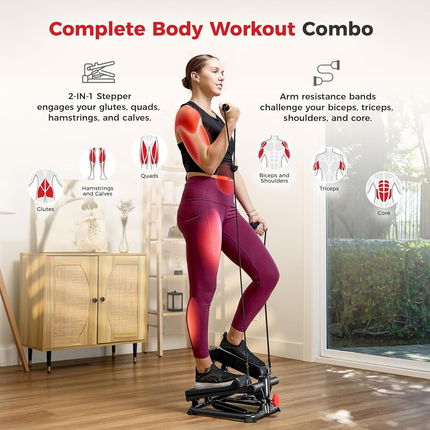 Smart Mini Stair Stepper for Home w/ LCD Monitor, Quiet Motion & Bands