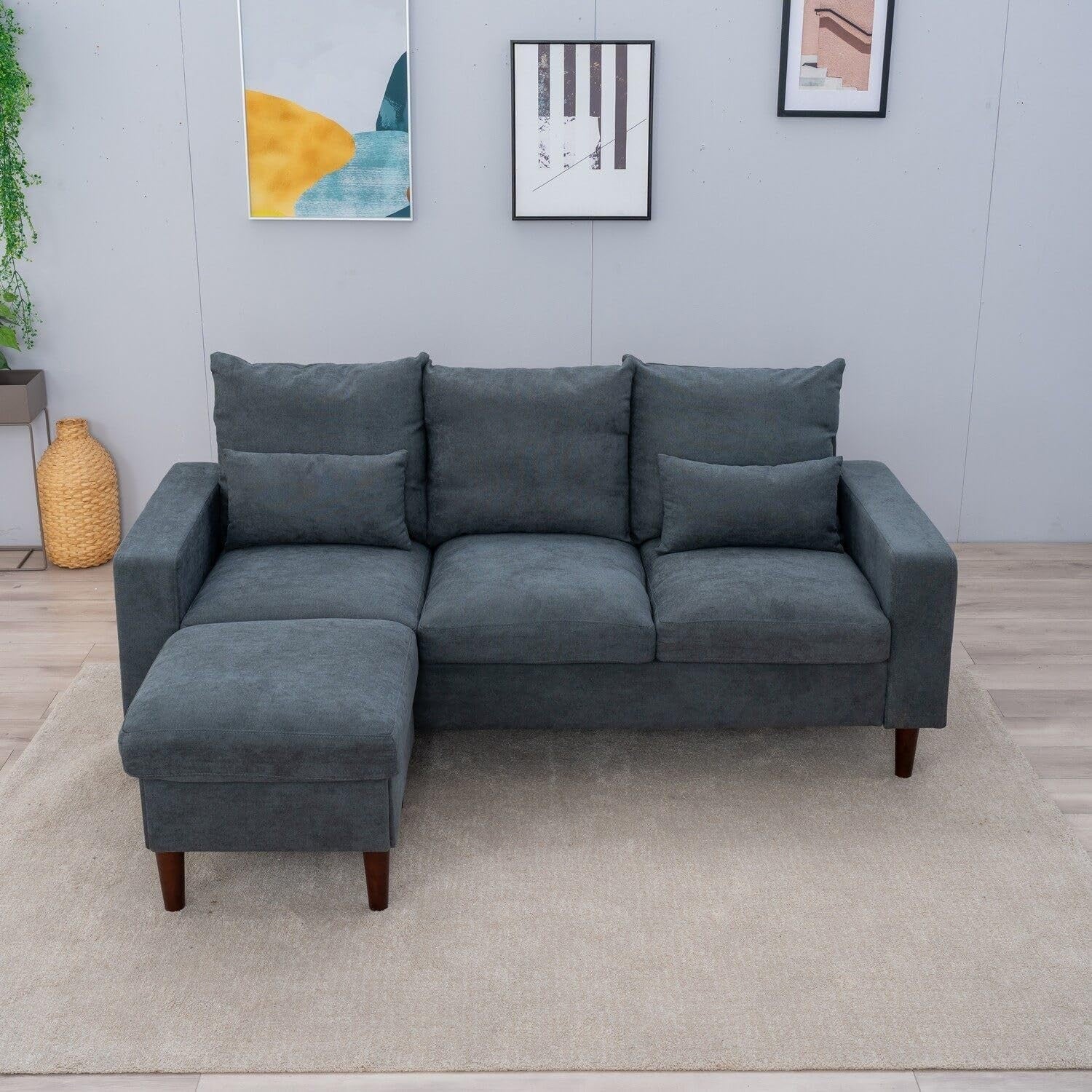 3 Seater Sofa Bed Grey with Footstool Linen Fabric L-Shape for Lounge Home