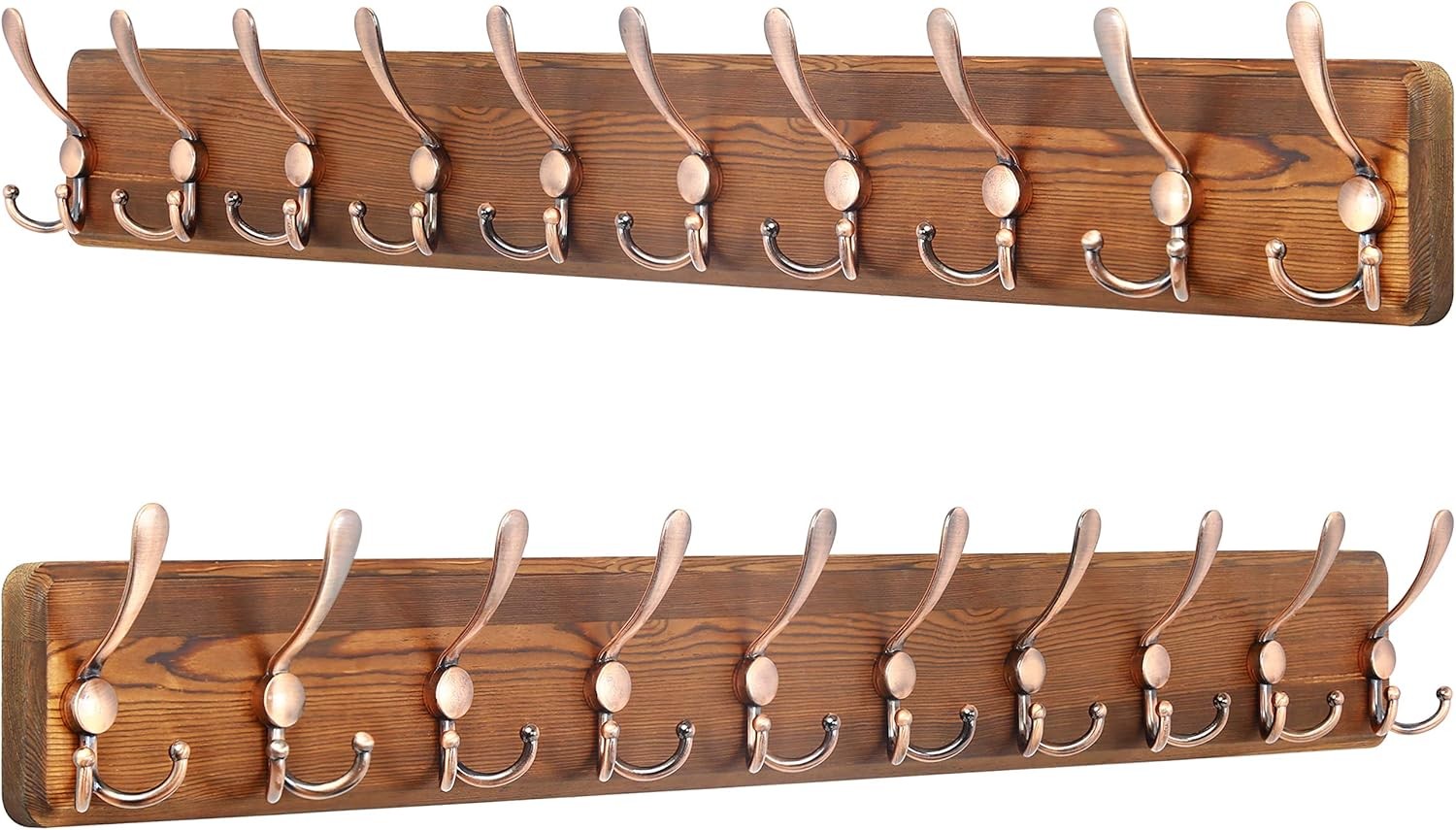 Set of 2 Brown Wooden Wall Coat Racks | Heavy Duty 10 Hook Rustic Farmhouse Orga
