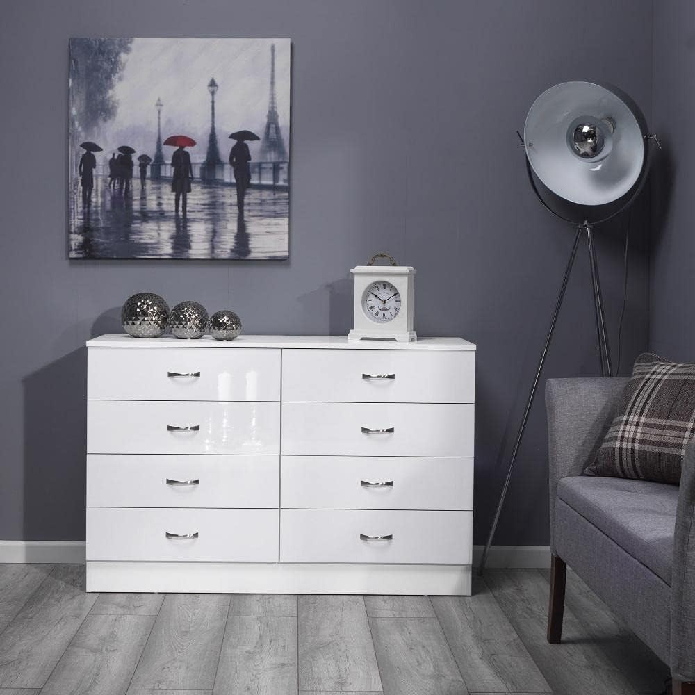 White Gloss 8 Drawer Chest Wide Storage Unit Bedroom Modern Cabinet