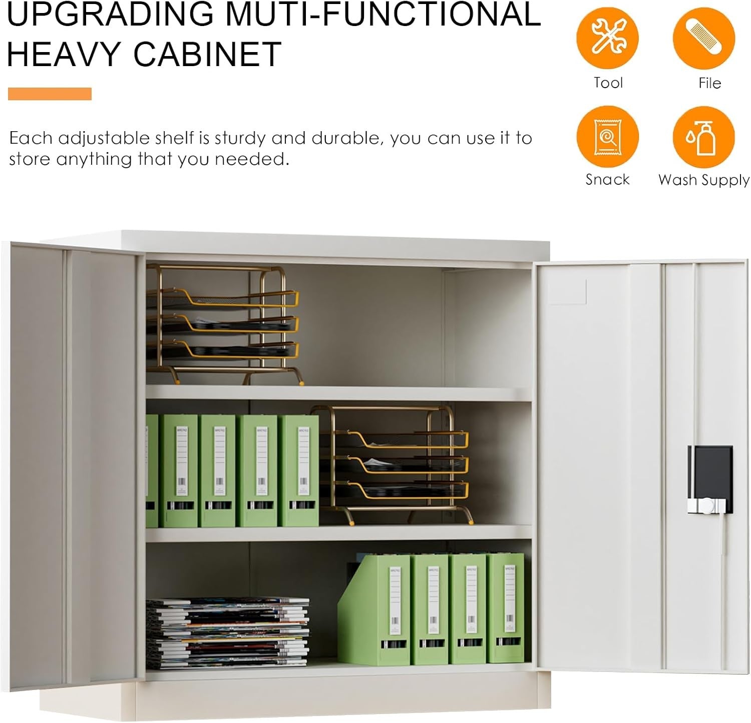 Metal Storage Cabinet with Lock, Adjustable Shelves Cupboard 90CM Office Unit