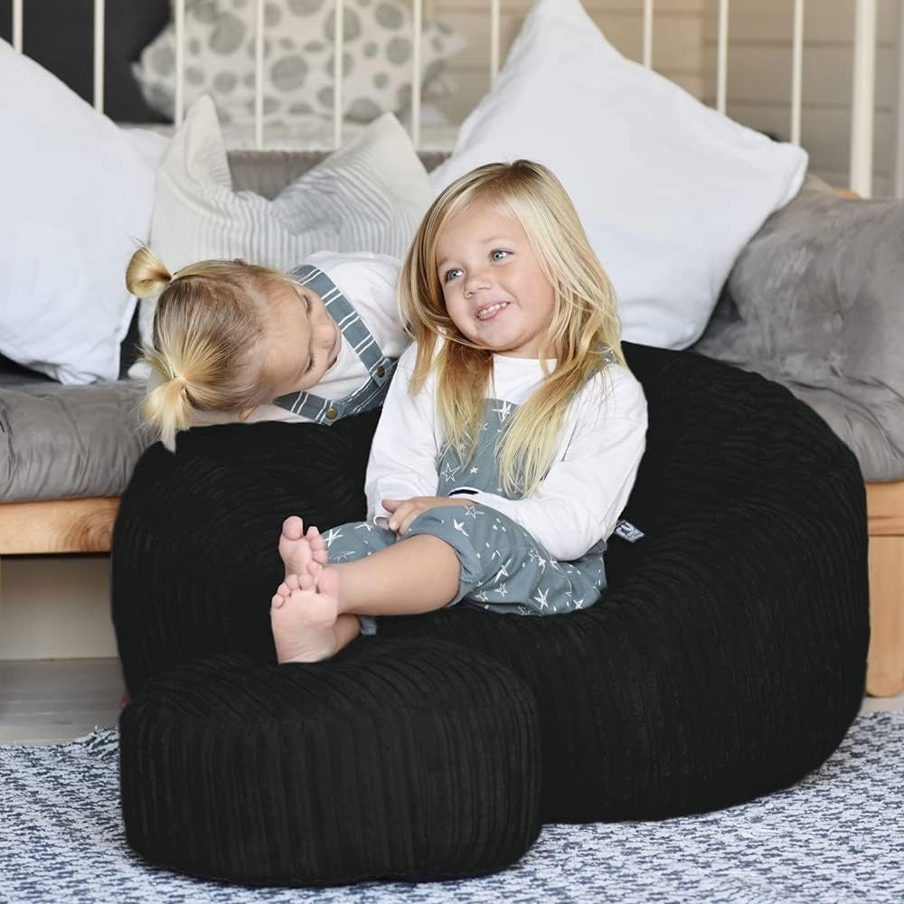 Kids Cord Bean Bag Chair - Soft Mini Slouch Seat, Black, Washable, 60x80cm
