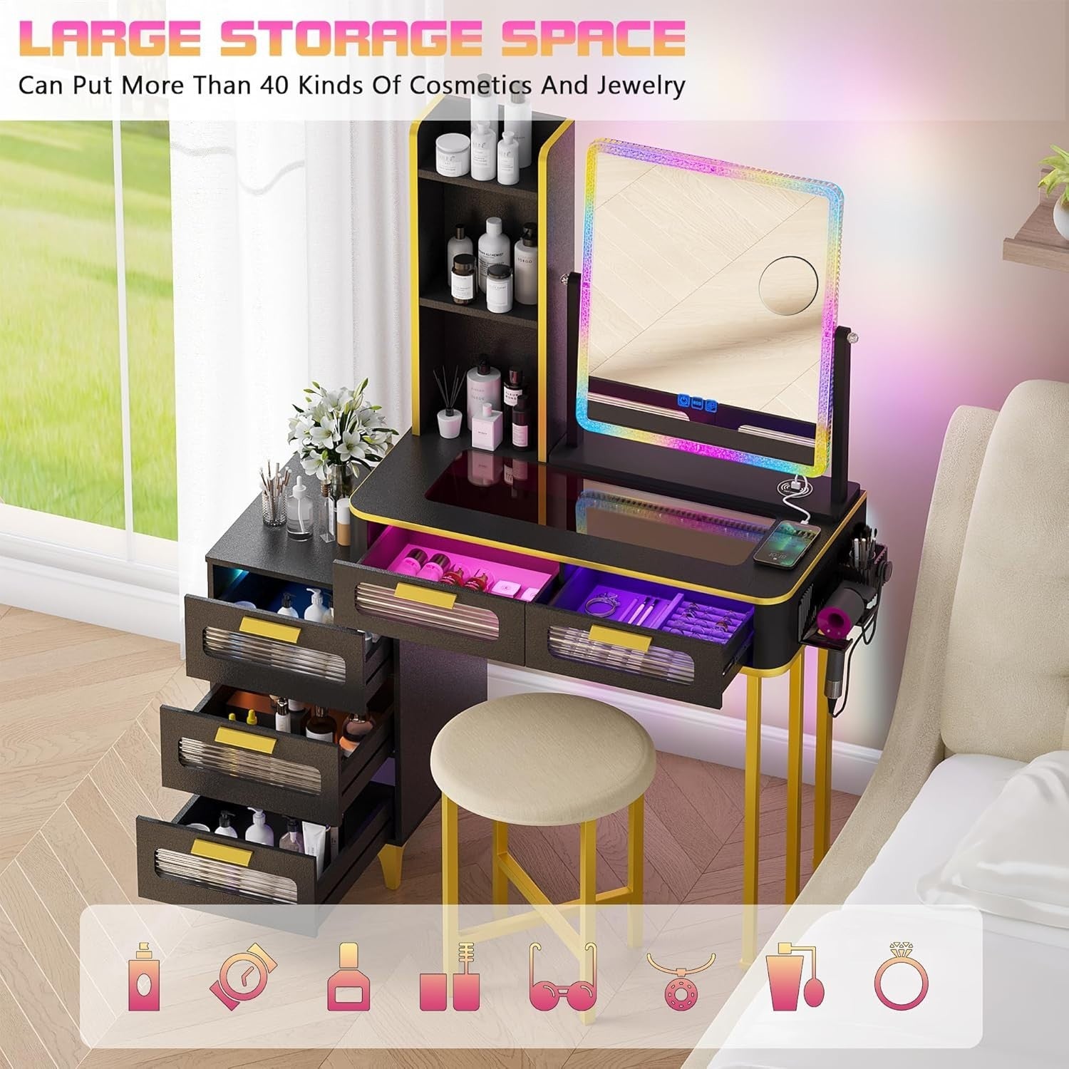 Black Vanity Dressing Table RGB Auto Sensor LED Light Wireless Charging 6 Drawer