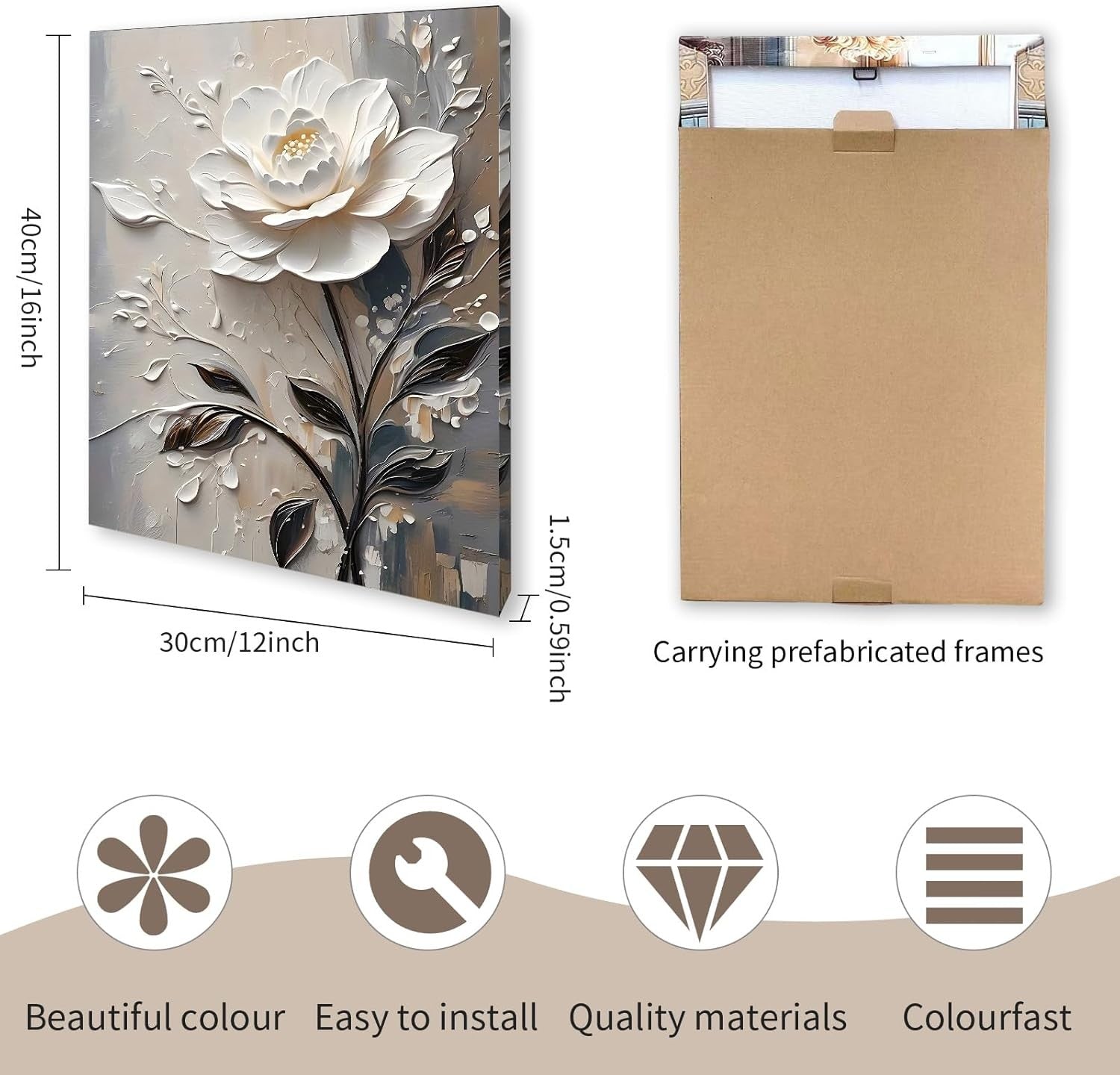 3D White Floral Canvas Wall Art 12x16 Framed Modern Bedroom Decor