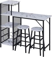 3Pcs Bar Table Set with Stools Wine Rack Cup Holder White Marble Dining Unit