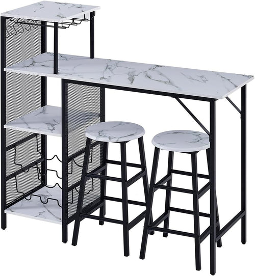 3Pcs Bar Table Set with Stools Wine Rack Cup Holder White Marble Dining Unit
