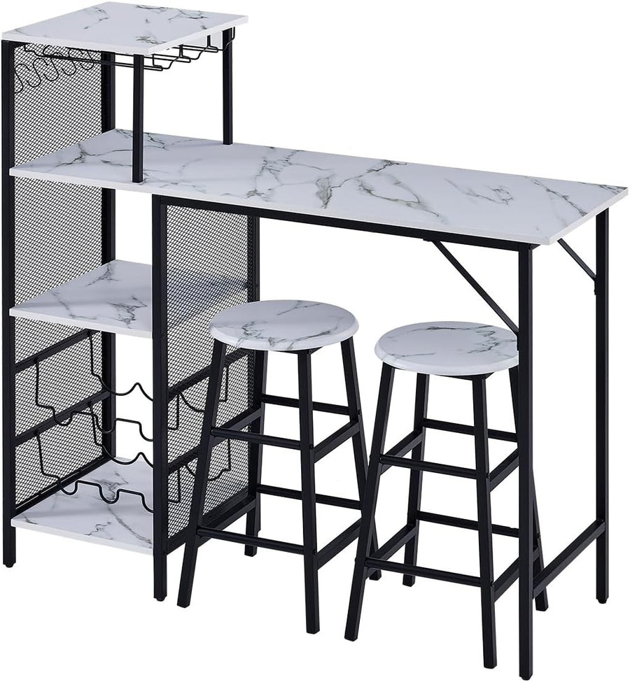 3Pcs Bar Table Set with Stools Wine Rack Cup Holder White Marble Dining Unit
