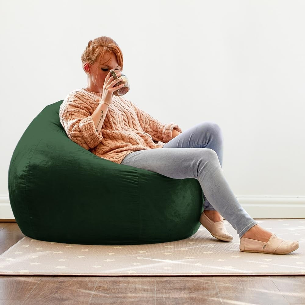 Green Velvet Bean Bag Chair + Footstool – Adult Lounge Sofa Seat Set