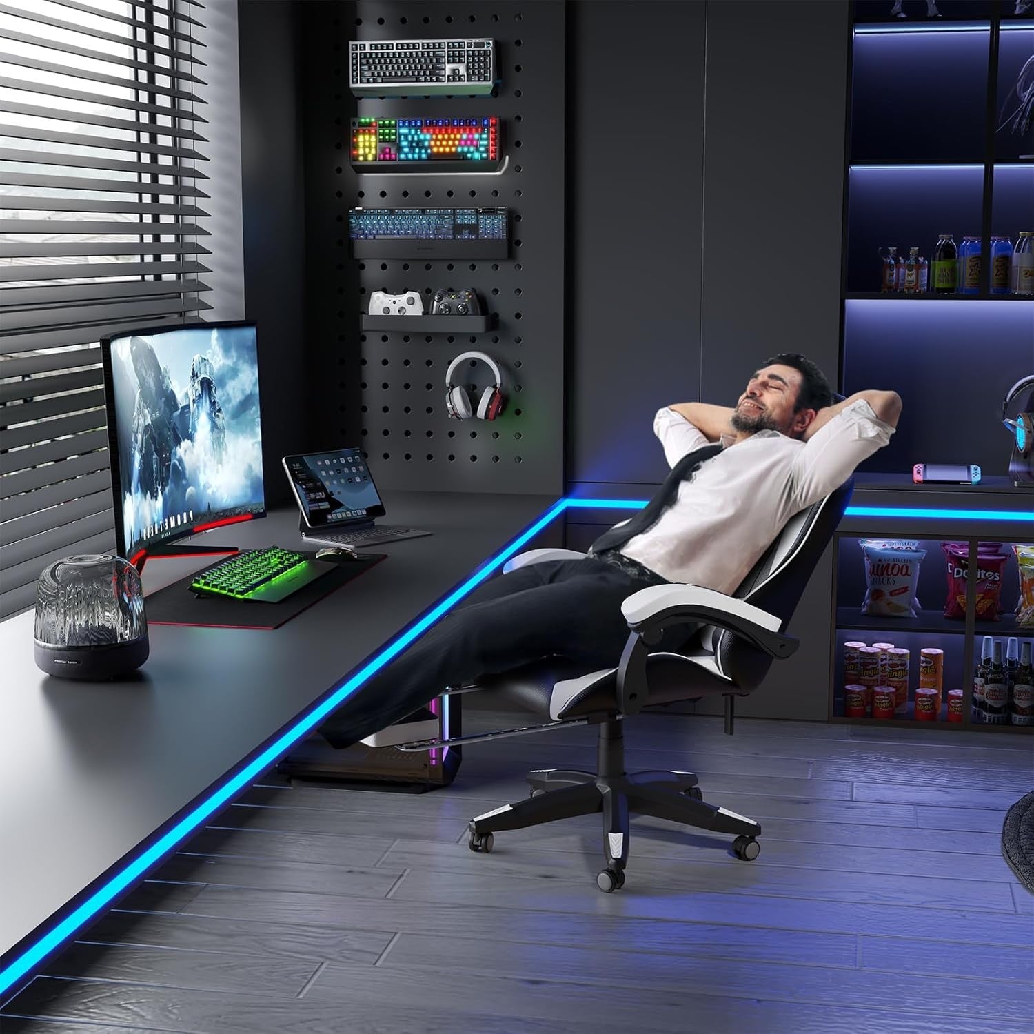 Ergonomic Gaming Chair with Footrest & Lumbar Support – White