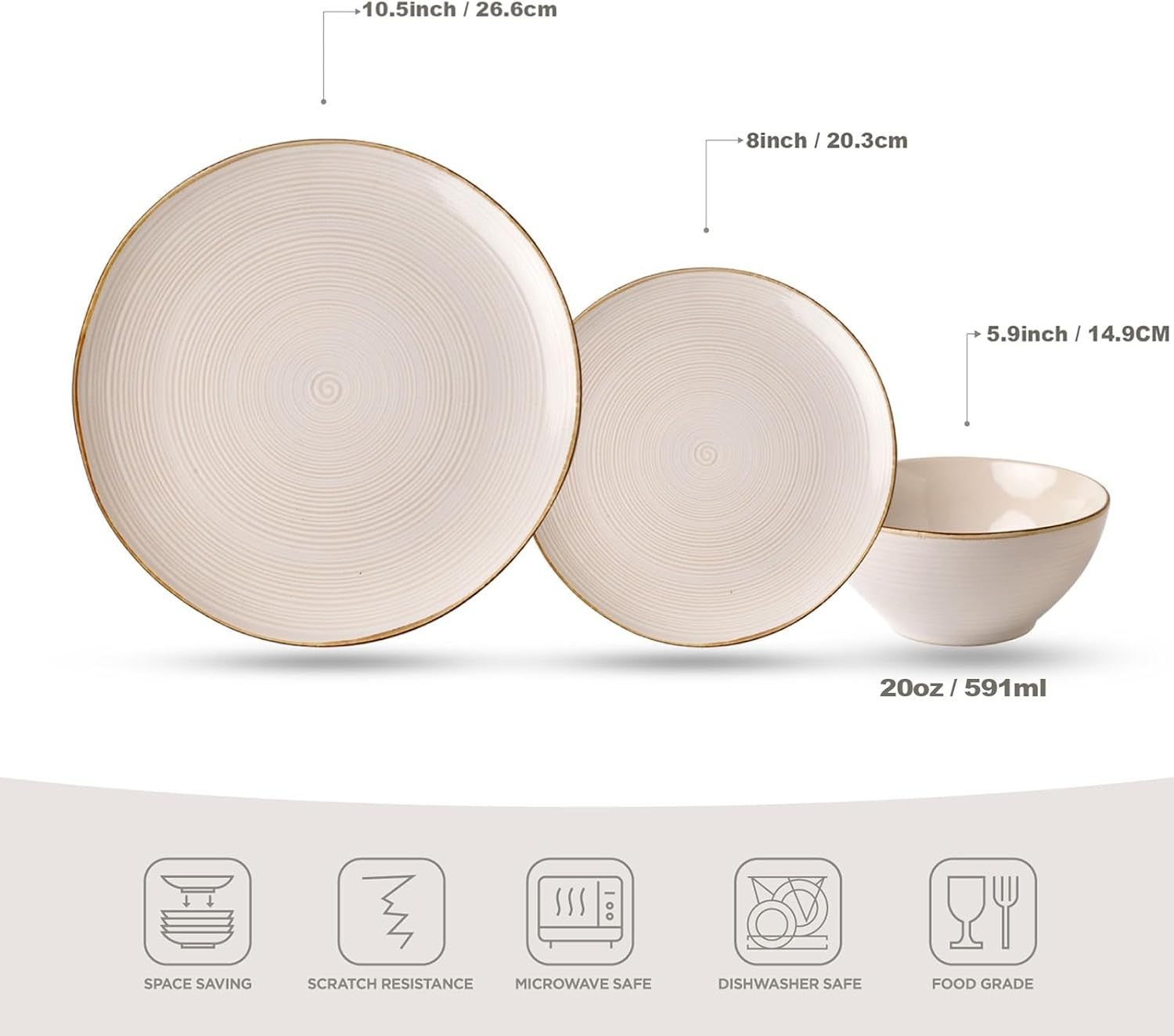 12pc Stoneware Dinnerware Set Plates Bowls Light Cream Service for 4