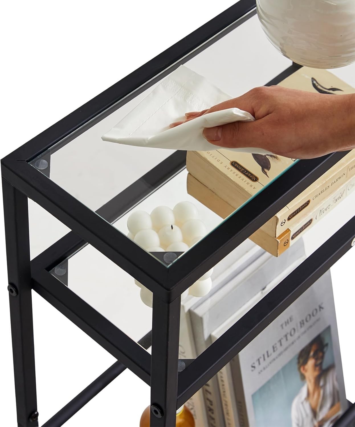 Slim Glass Side Table 3 Tier Narrow Black End Shelf for Sofa Bed Small Space