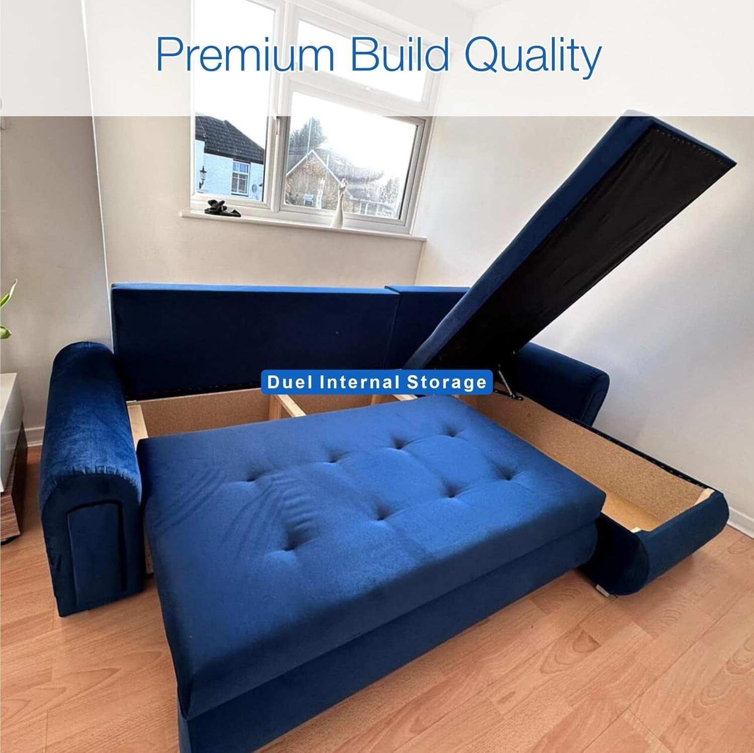 Blue Velvet L-Shape Sofa Bed with Storage & Reversible Chaise – 4 Seater