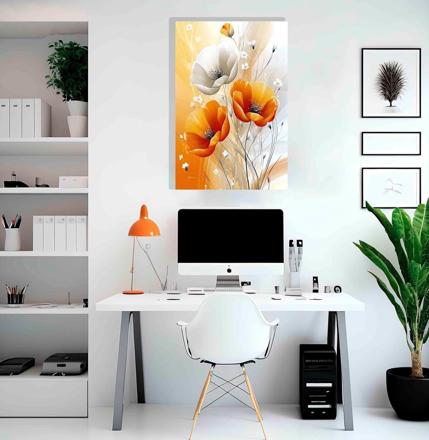 Abstract Orange White Flowers Framed Canvas Print 40x30 cm Modern Art