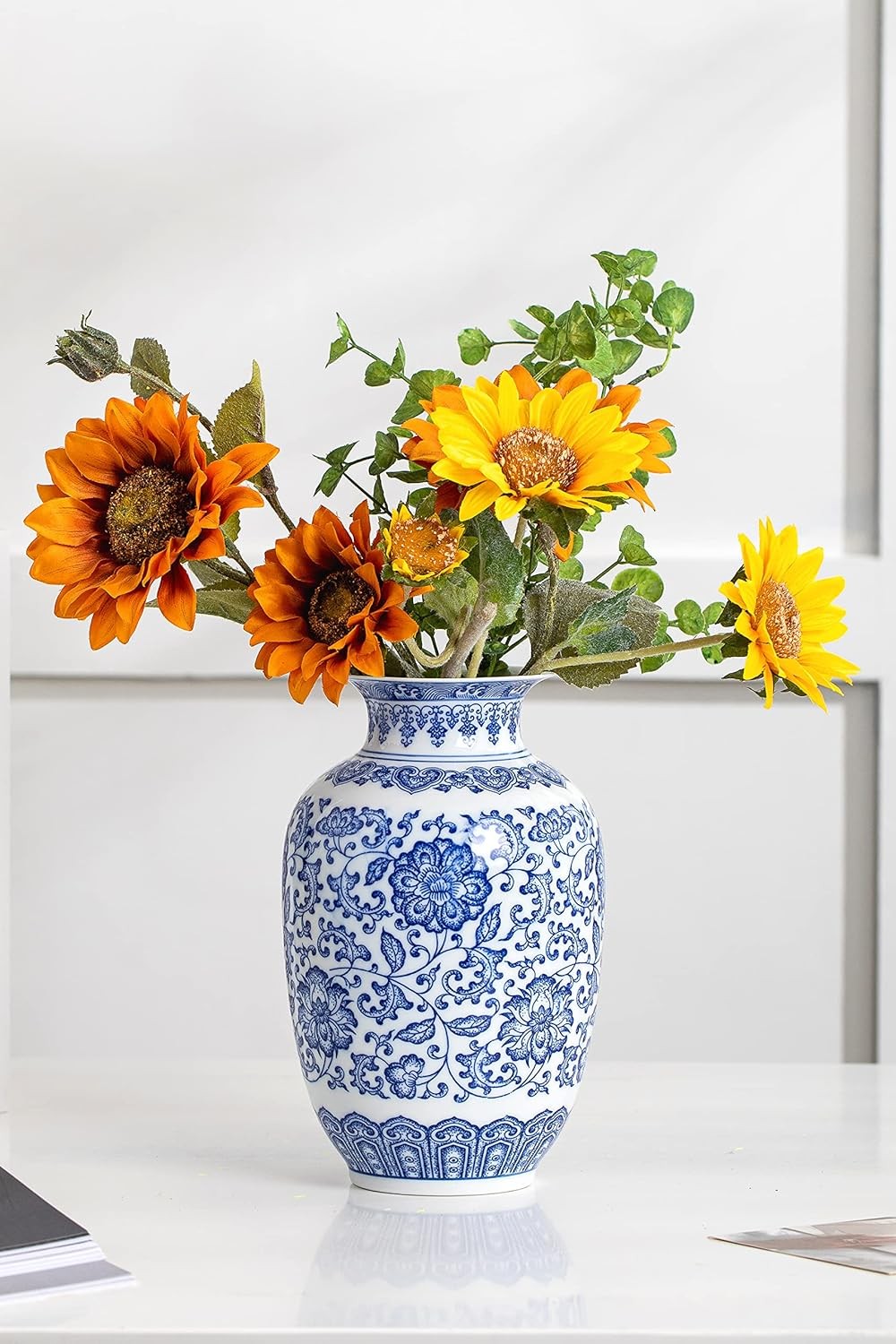 Blue White Ceramic Vase Chinoiserie Floral Decor Table Centerpiece 9 Inch