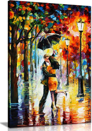 Romantic Dancing Couple Canvas Wall Art Large Colourful Rainy Street Scene 36x24