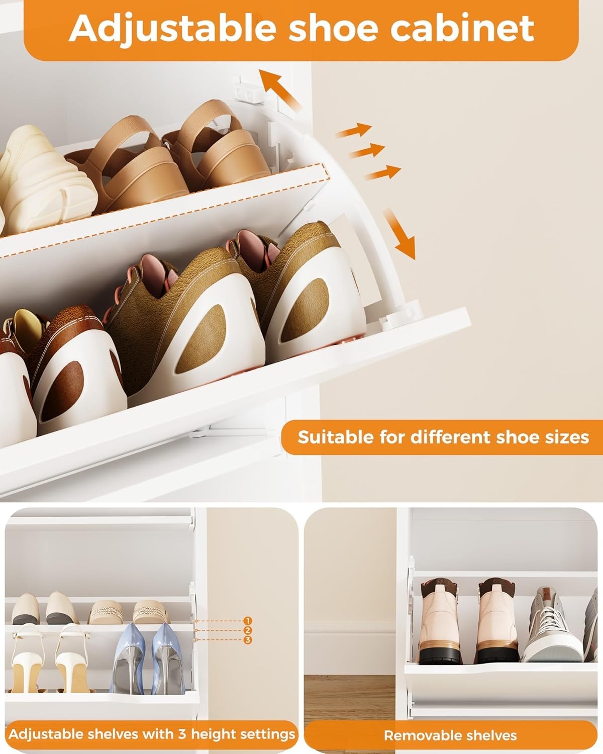 Modern Slim Shoe Cabinet with 4 Flip Drawers & 2 Storage Drawers – White
