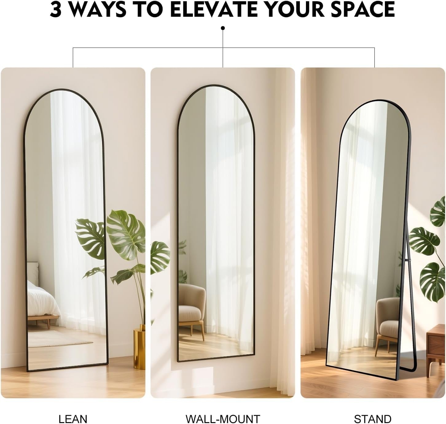Full Length Arch Mirror 152x42cm Wall Mounted Black Frame Space Saving