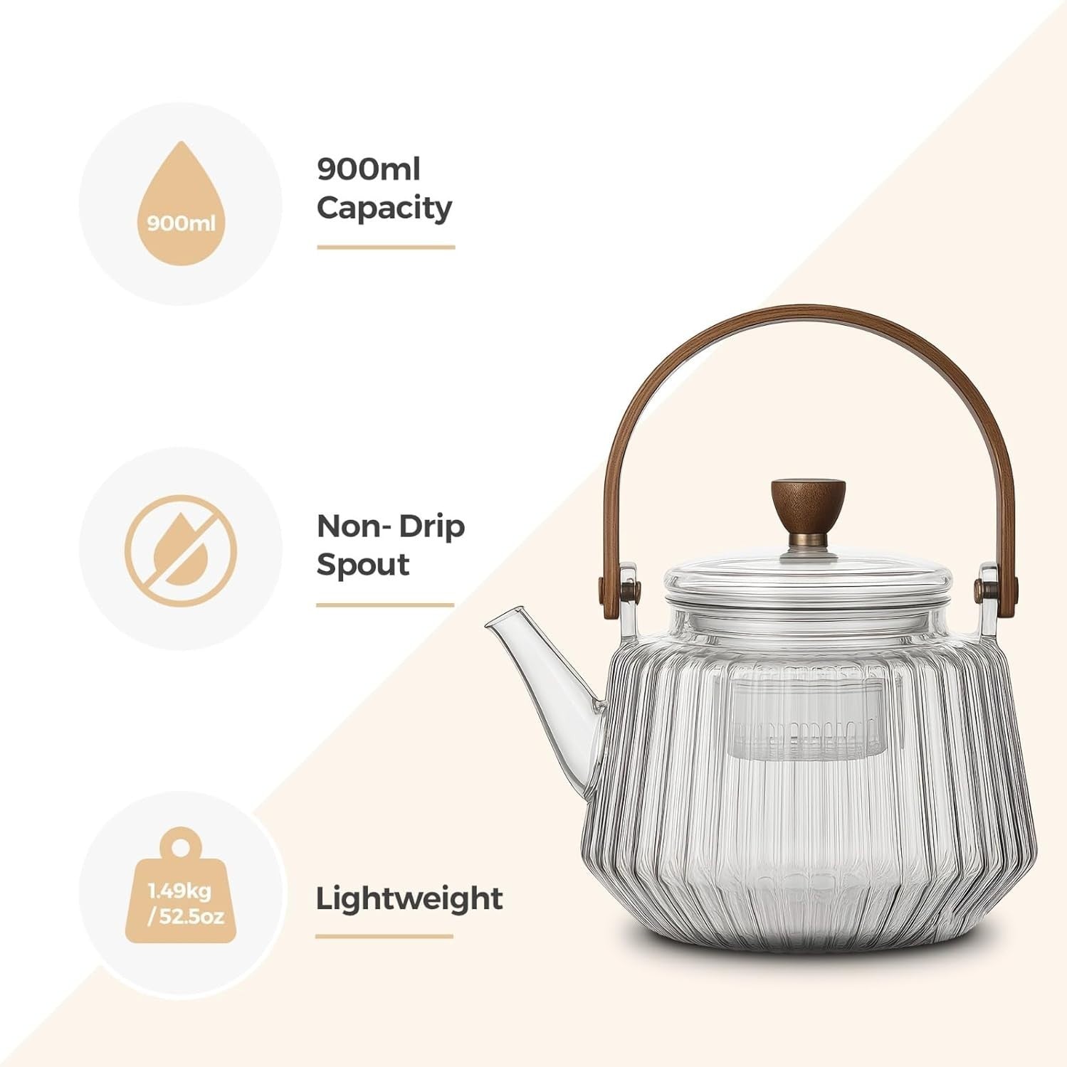 900ml Glass Teapot with Infuser Wooden Handle Loose Leaf Tea Pot
