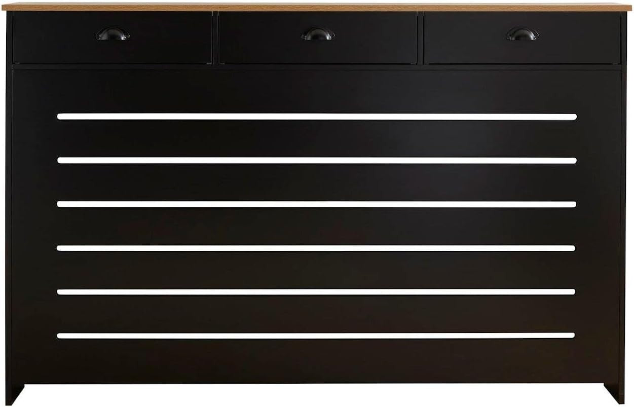 Black Radiator Cover 150x19x96cm Modern MDF Heating Cabinet | 3 Drawer Slatted