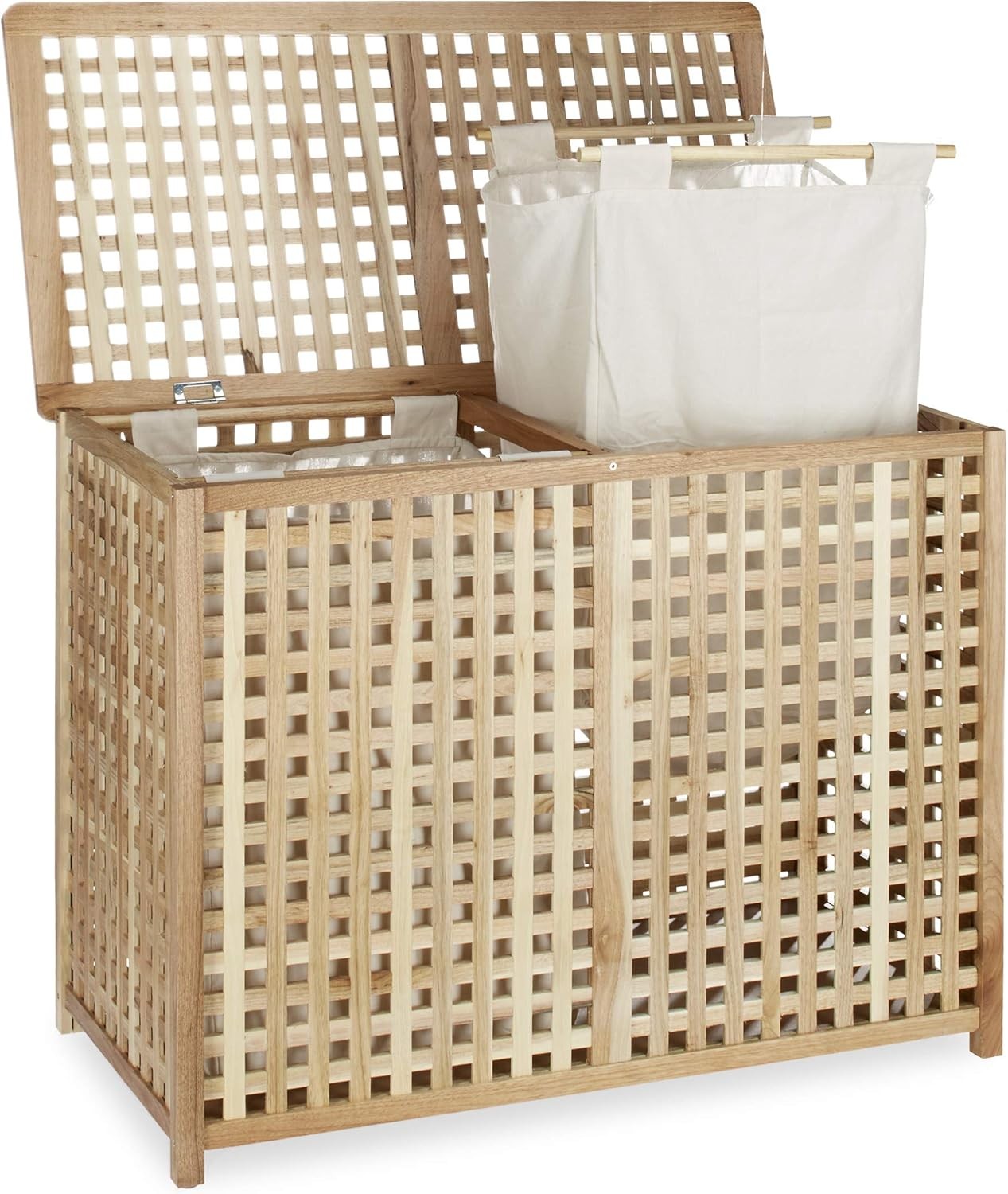 Large Double Laundry Hamper Natural Wood With 2 Linen Bags Lift-Up Lid 75L