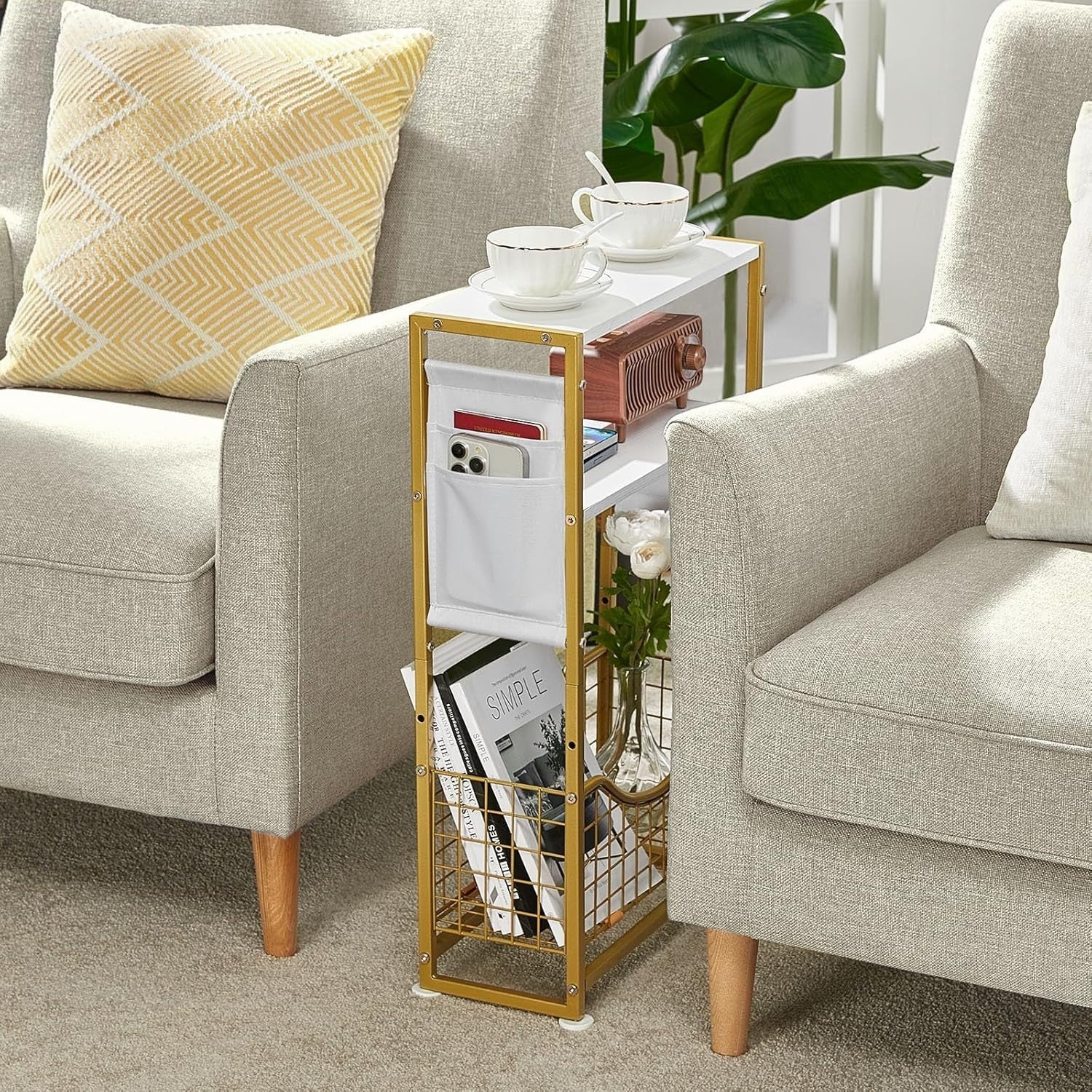 White Gold 3-Tier Narrow Side Table 30x30x50 cm | Slim End Table w/ Storage